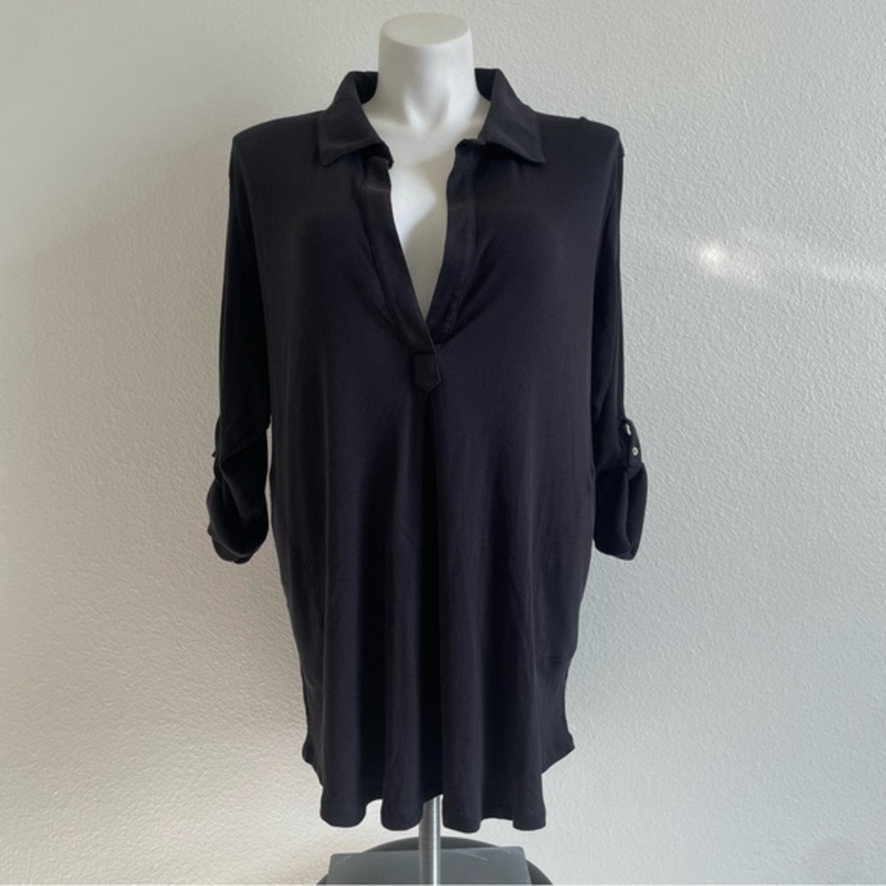 Soft surroundings shirt women’s 1X black collared V-neck ribbed roll tab sleeve